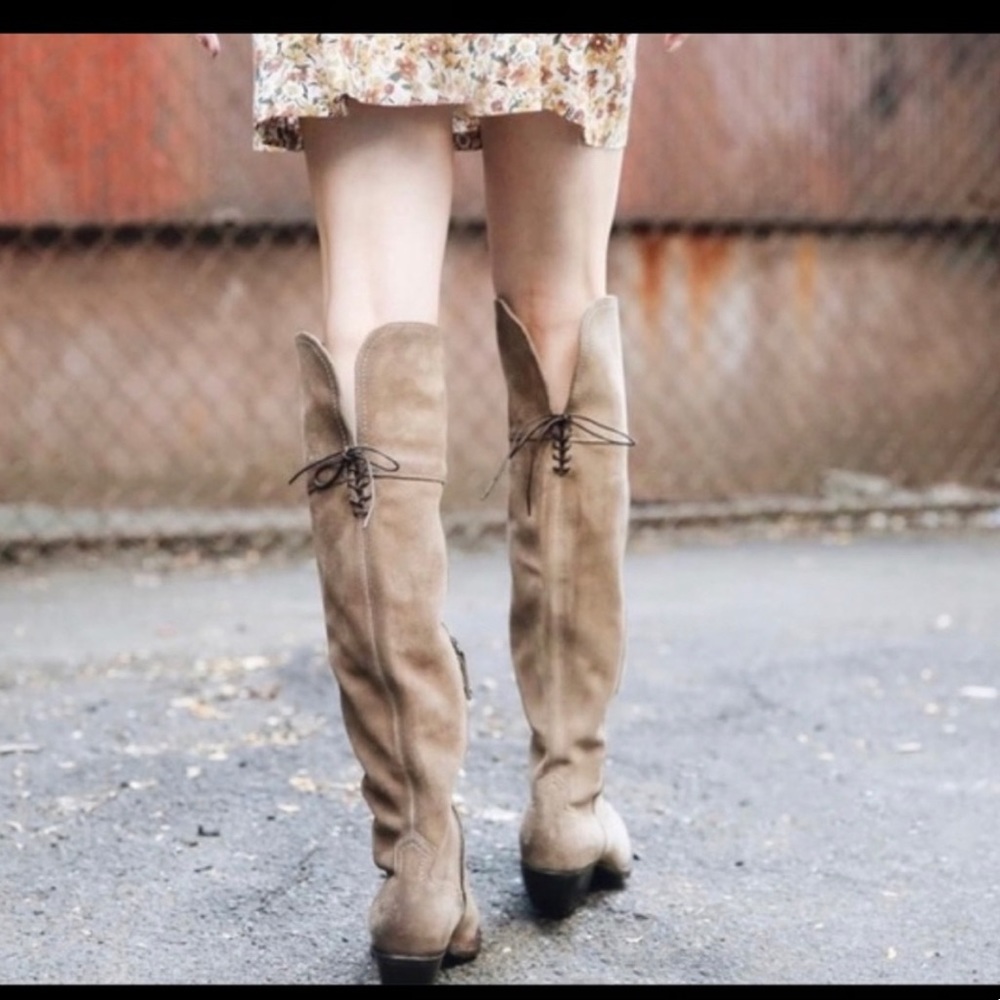 Frye Sacha Suede Over The Knee Lace Up Boots in Ash Size 8.5